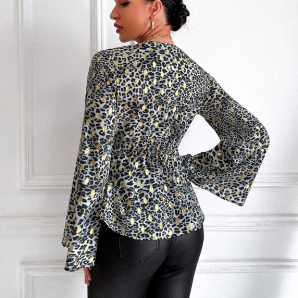 Leopard & Gold Dot Print Trumpet Sleeve Knotted Pe - Picture 5 of 6